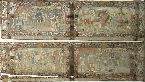 Appraisal: A pair of Spanish polychrome carved wood cassone panels th