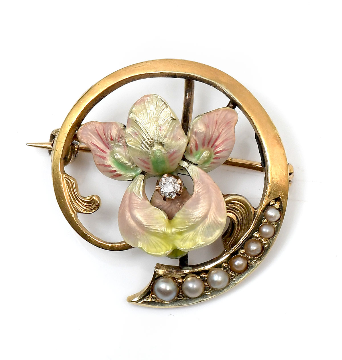 Appraisal: ART NOUVEAU ENAMEL IRIS BROOCH BY EHRLICH SINNOOK K yellow