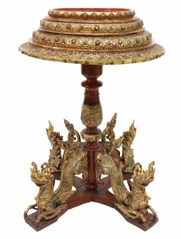 Appraisal: Burmese carved and red lacquered alms stand with parcel gilt