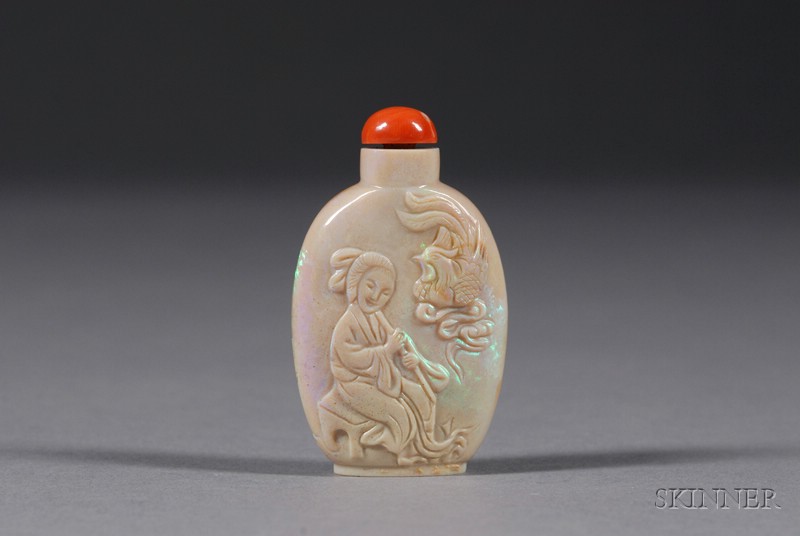 Appraisal: Opal Snuff Bottle surface carved with a woman and a