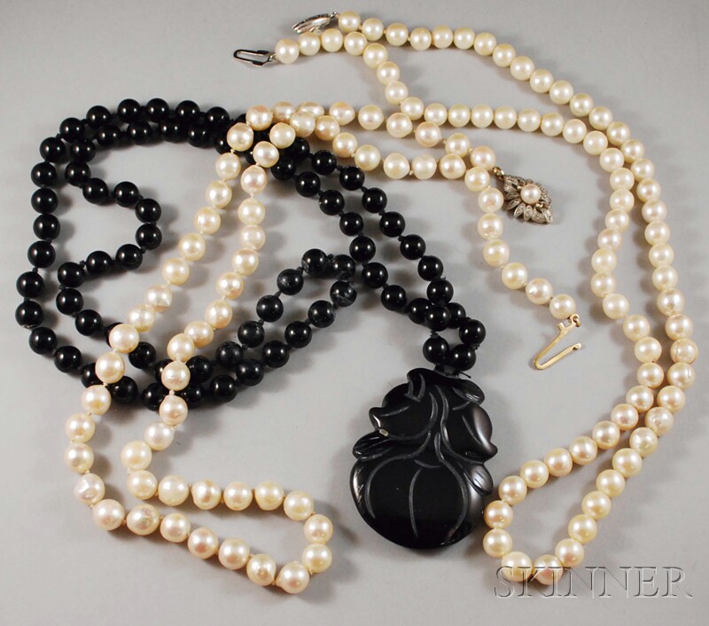 Appraisal: Two Cultured Pearl Necklaces and a Black Onyx Bead Necklace