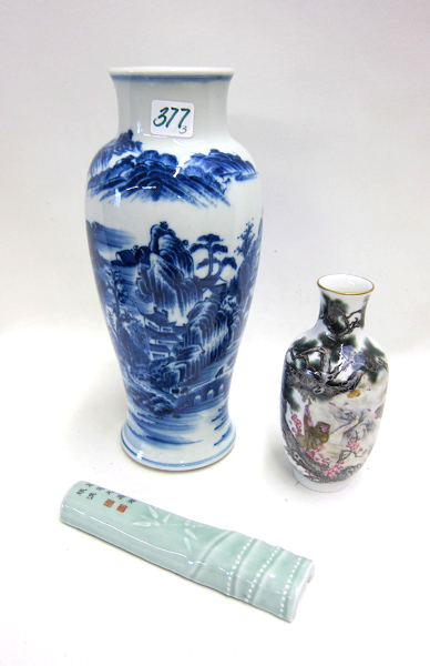 Appraisal: COLLECTOR'S GROUP OF TWO CHINESE PORCELAIN VASES AND ONE CALLIGRAPHY