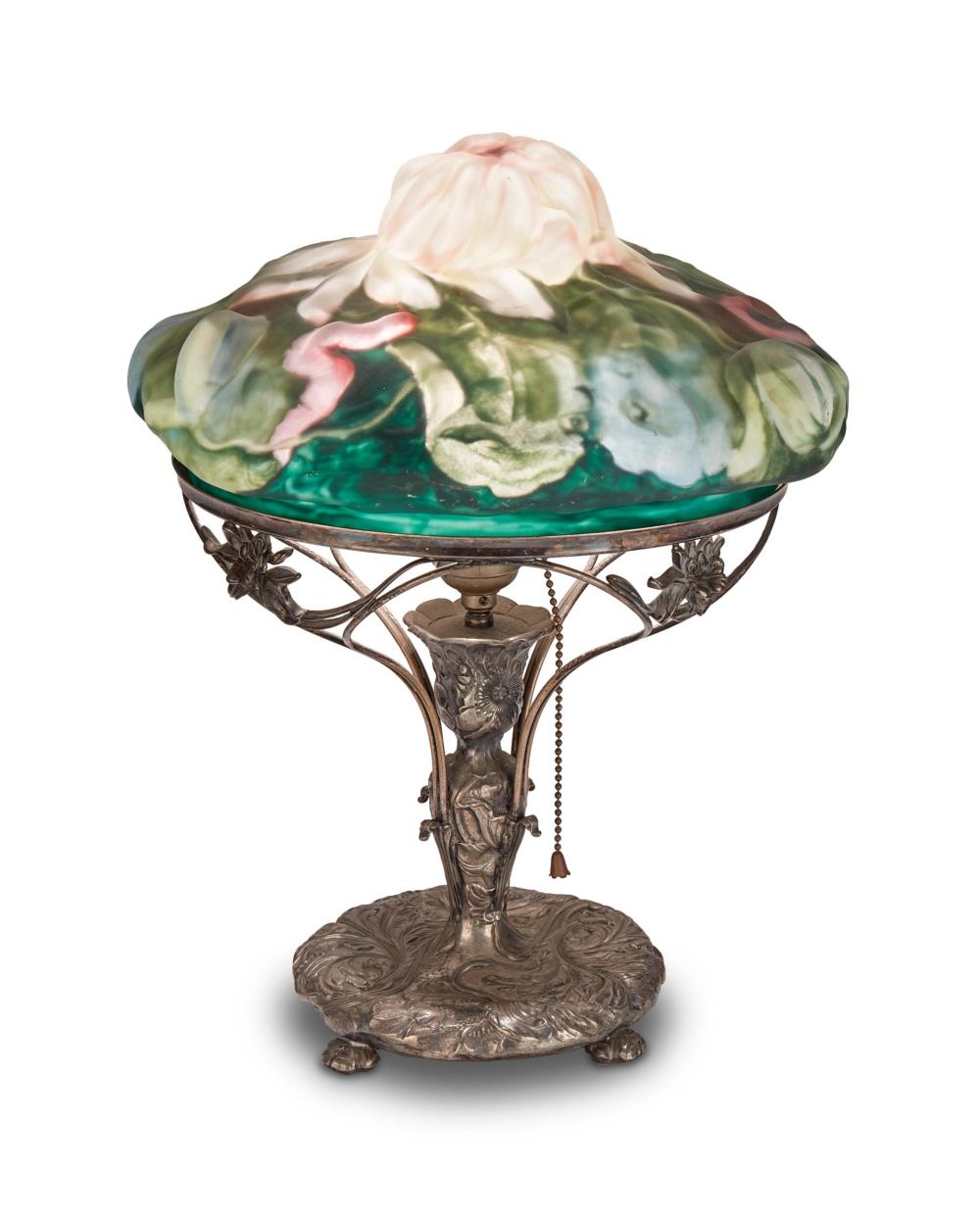 Appraisal: A Pairpoint reverse-painted puffy glass Lotus table lamp - New