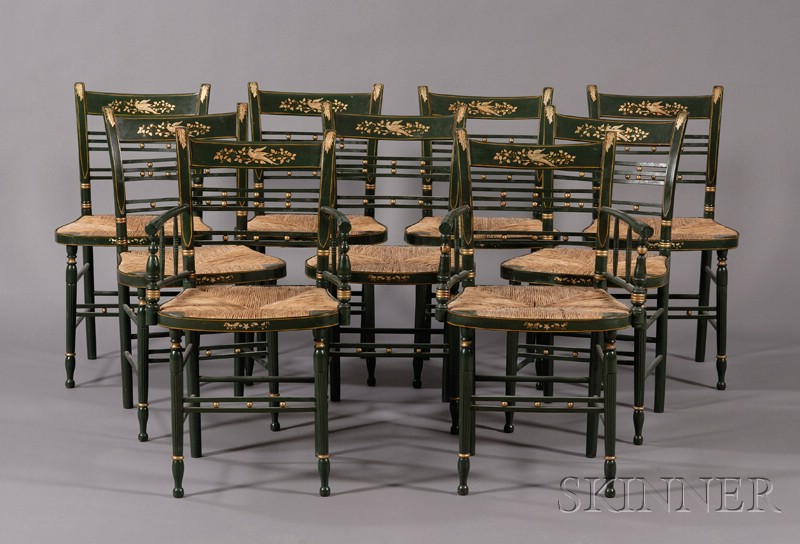 Appraisal: Set of Nine Green-painted and Freehand-gilt Fancy Chairs Including Two