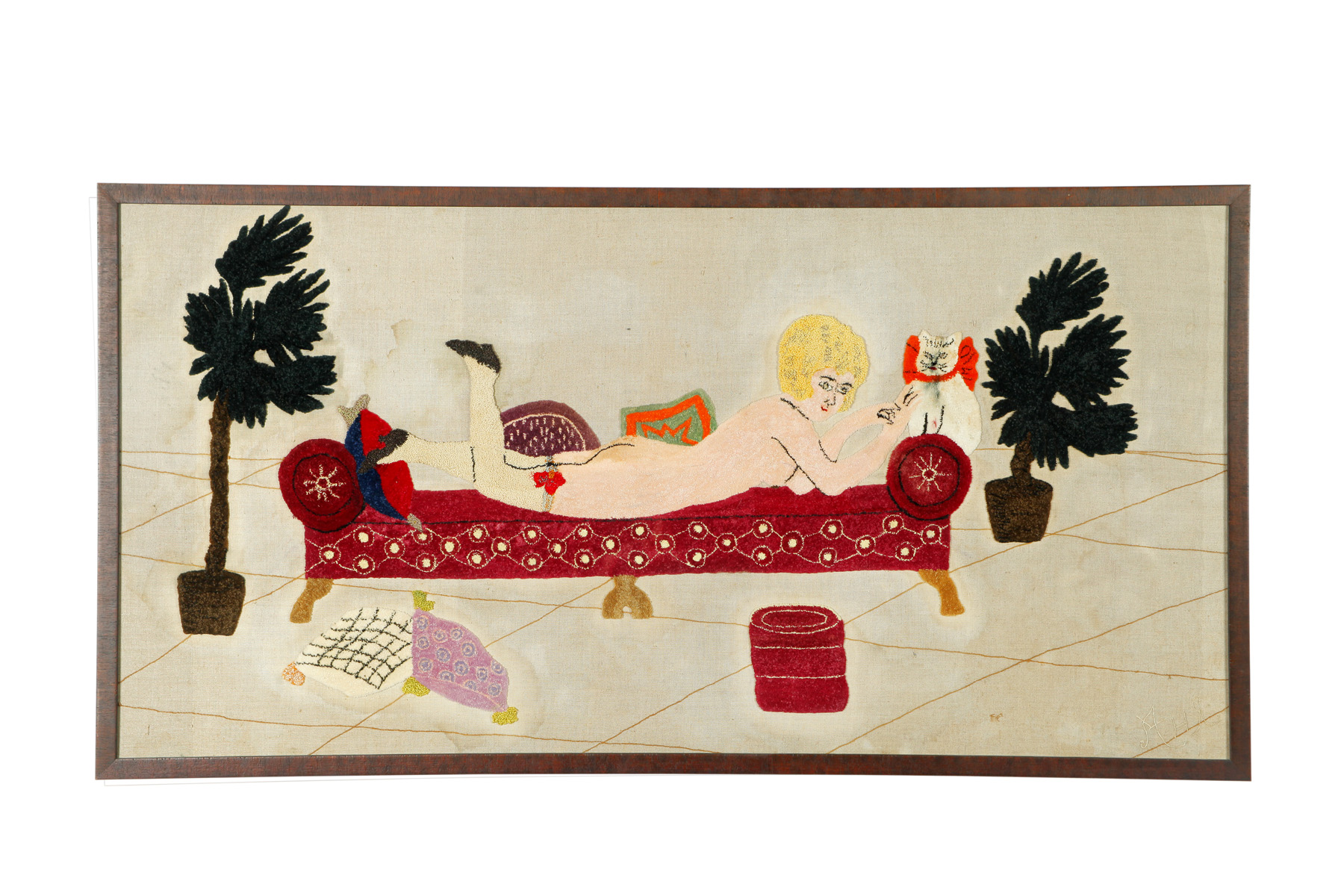 Appraisal: NEEDLEWORK PANEL OF NUDE AND CAT American s clipped pile