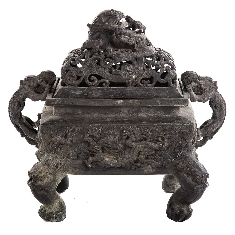 Appraisal: Chinese Bronze Censer th century pierced lid with foo dog