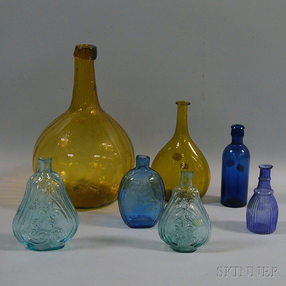 Appraisal: Seven Assorted Blown and Blown-molded Colored Glass Bottles and Flasks