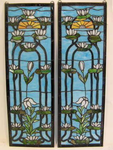 Appraisal: PAIR STAINED AND LEADED GLASS WINDOW PANELS in the Art