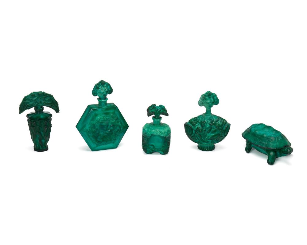 Appraisal: A GROUP OF CZECH MALACHITE GLASS VANITY ITEMSA group of