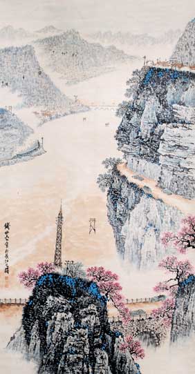 Appraisal: CONTEMPORARY CHINESE SCROLL PAINTING Large contemporary Chinese scroll painting executed