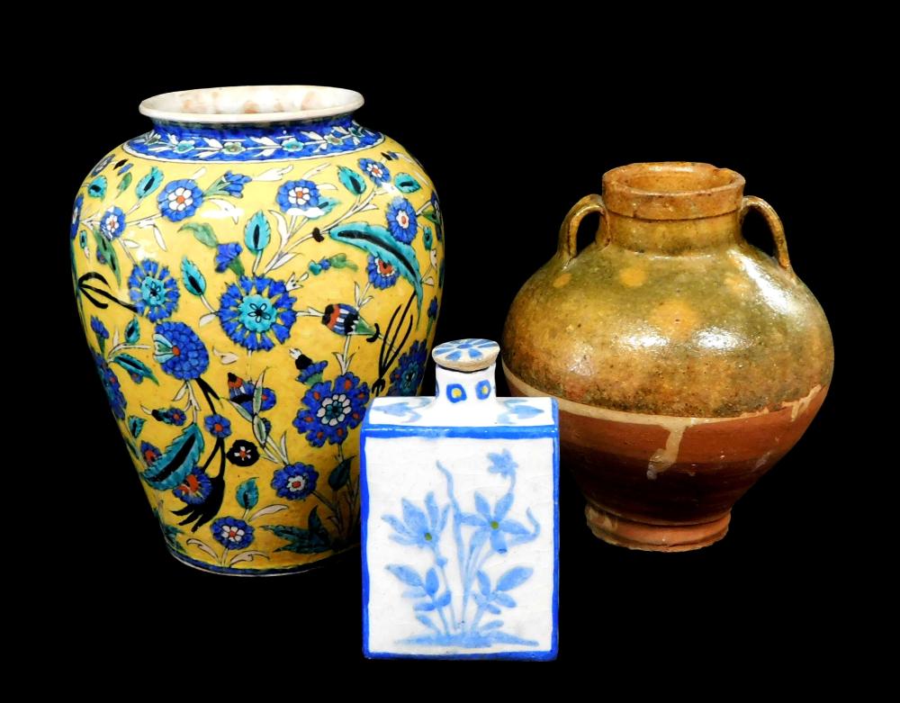 Appraisal: Three Eastern ceramics including Urn with yellow ground blue flower