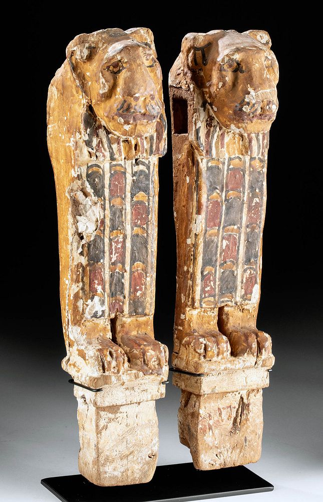 Appraisal: Egyptian Wood Chair Legs Lions Gesso Painted pr Egypt Late