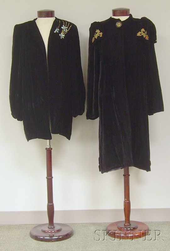 Appraisal: Two Embroidered Black Velvet Opera Coats bearing labels from Brigham's