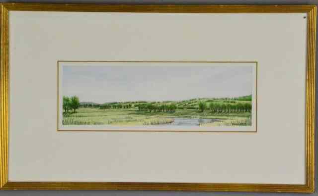 Appraisal: Anne Burkholder Watercolor Ink LandscapeDepicting a finely detailed watercolor of