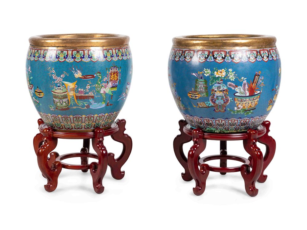 Appraisal: A Pair of Chinese Cloisonne Fish Bowls and Stands A