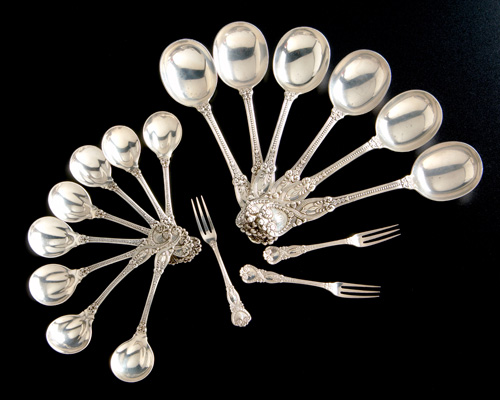 Appraisal: Tiffany Co St James pattern silver flatware ca Seventeen pieces