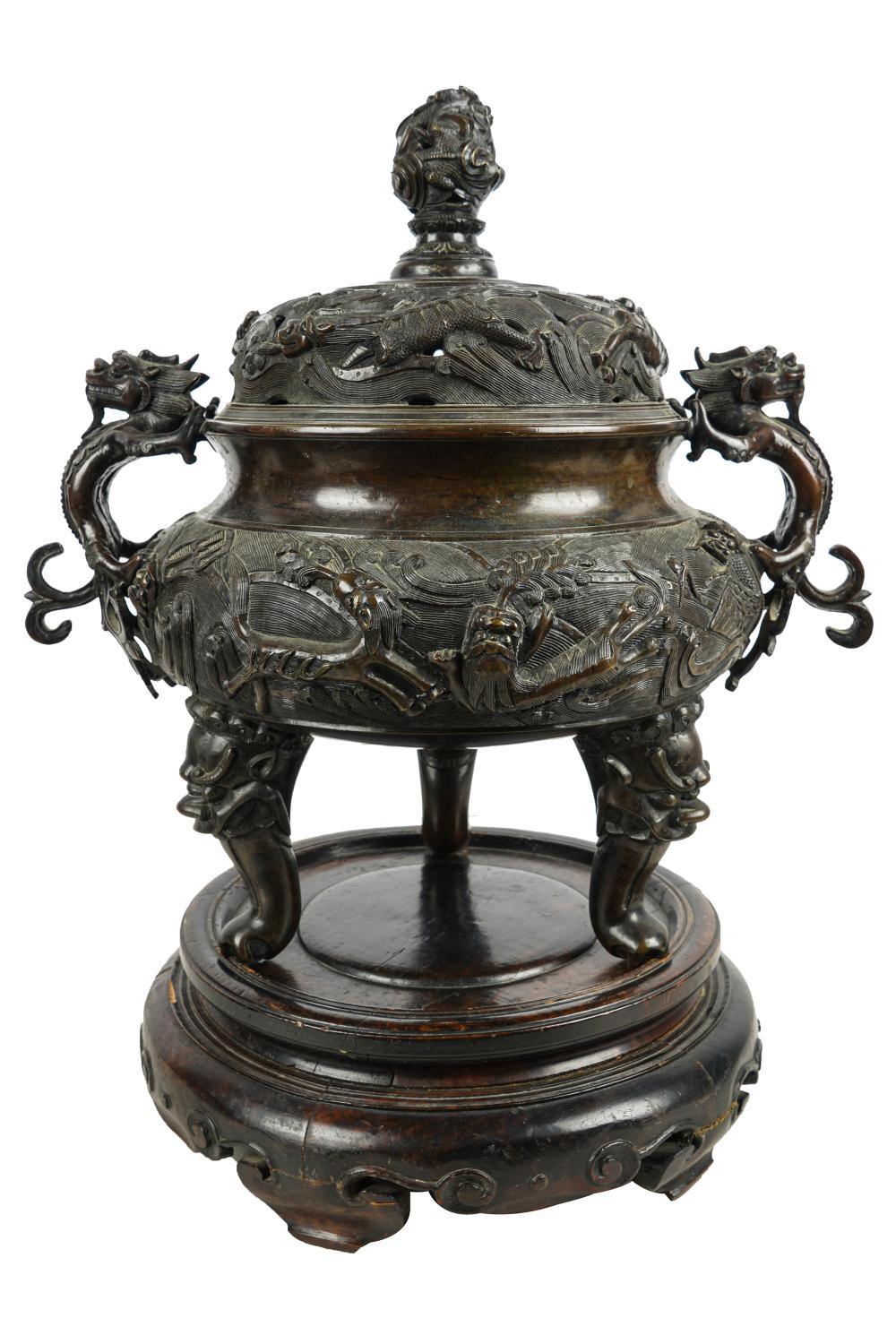 Appraisal: CHINESE BRONZE COVERED CENSERwith dragon handles inches wide inches high