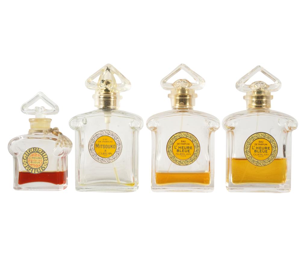 Appraisal: FOUR GUERLAIN PERFUME BOTTLEScomprising three L'Heure Bleue and one Mitsouko