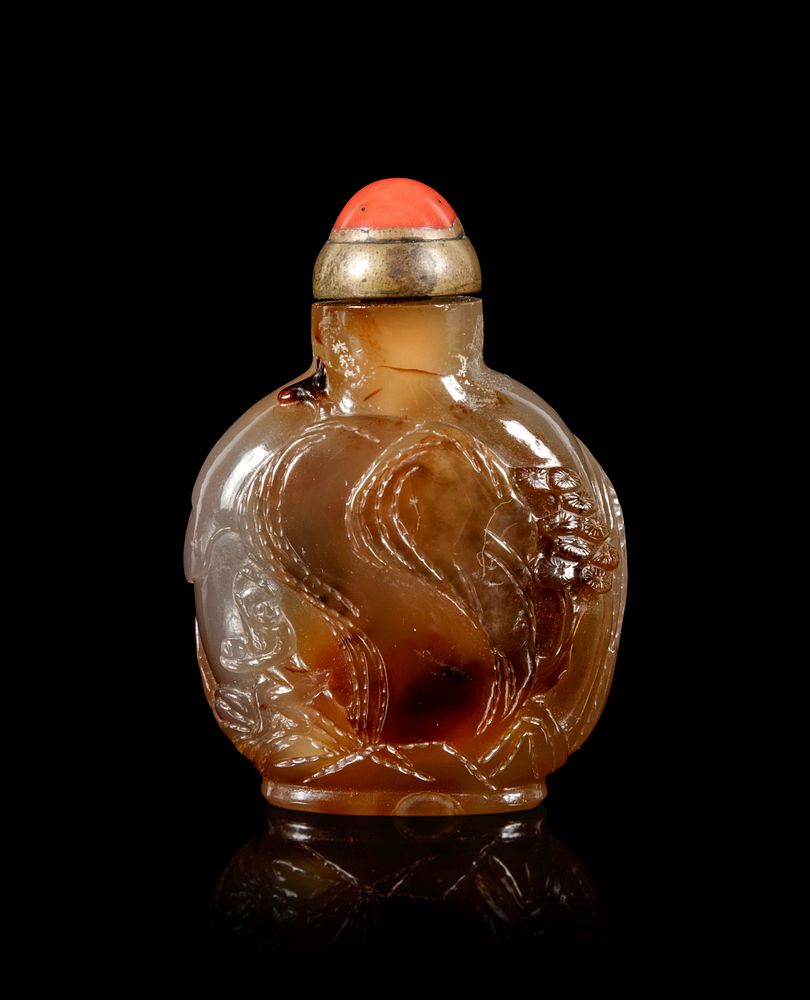 Appraisal: A Carved Agate Snuff BottleHeight overall in cm A Carved