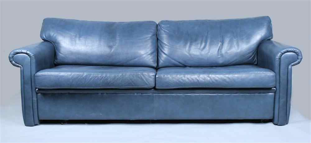 Appraisal: MODERN BLUE LEATHER TWO CUSHION SOFA having a straight back