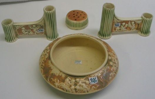 Appraisal: A THREE PIECE DONATELLO ROSEVILLE ART POTTERY CONSOLE SET having