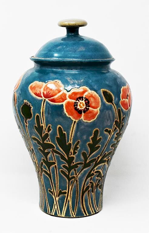 Appraisal: Cathra-Anne Barker ceramic covered pot w poppies Cathra-Anne Barker ceramic