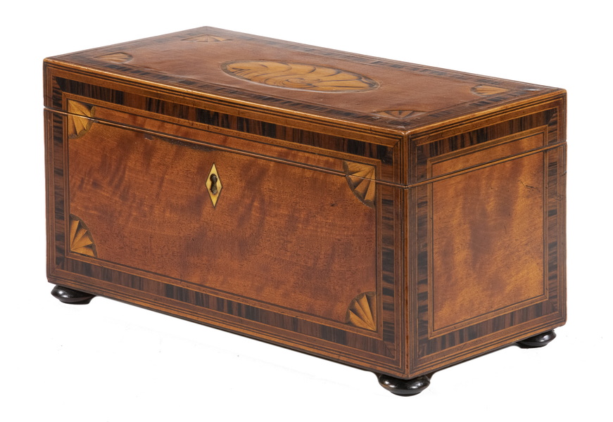 Appraisal: INLAID MAHOGANY TEA CADDY th c English Triple Compartment Tea