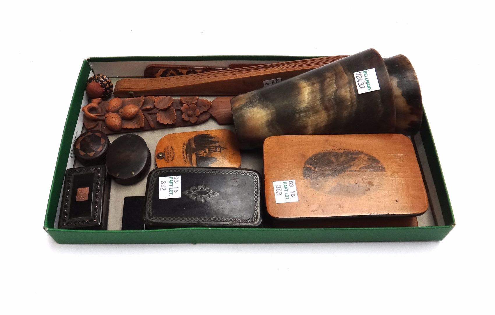 Appraisal: A group of treen collectables including a Mauchline Ware stamp