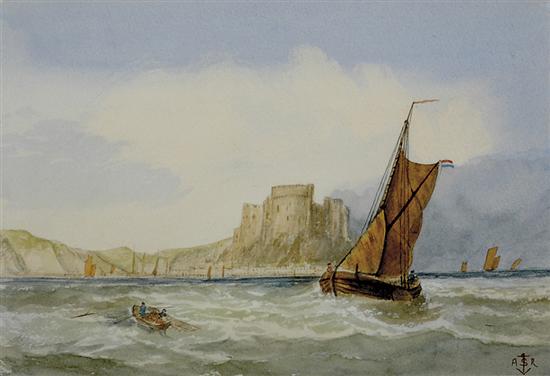 Appraisal: British school th century FISHING OFF THE CASTLE SHOREwatercolor framed