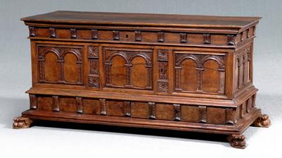 Appraisal: Italian carved walnut cassone baroque style with applied carved arched