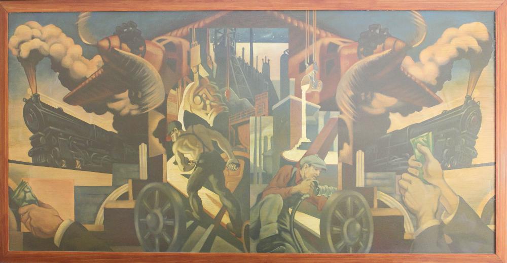 Appraisal: WPA-STYLE OIL ON BOARD MURAL industrial scenes with plane trains