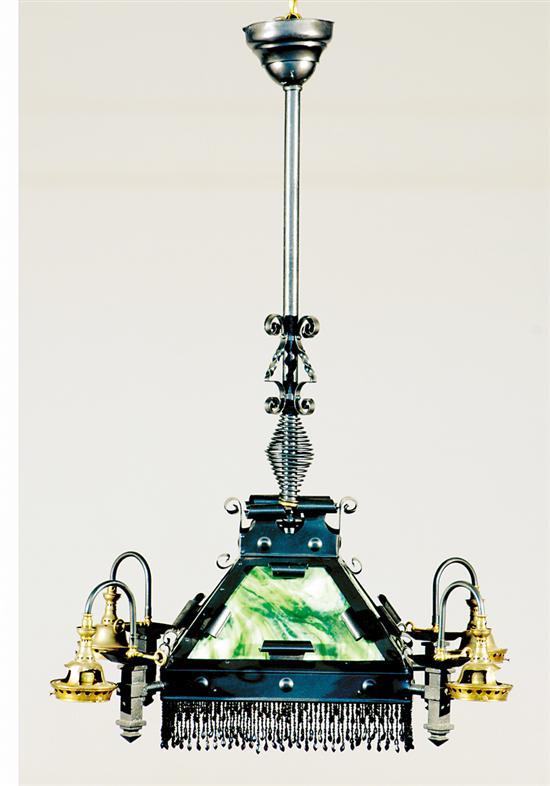 Appraisal: Arts and Crafts slag glass chandelier circa wrought metal with