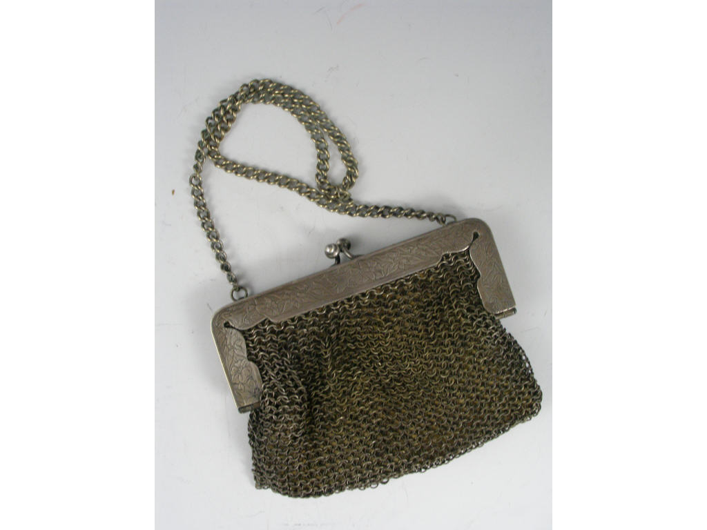 Appraisal: German Silver Mesh Purse silver mesh purse w silver frame