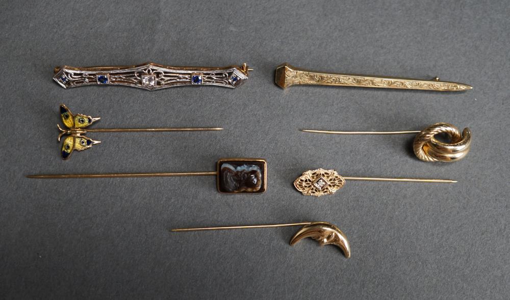 Appraisal: COLLECTION OF SIX TESTED -KARAT YELLOW-GOLD STICK PINS AND A