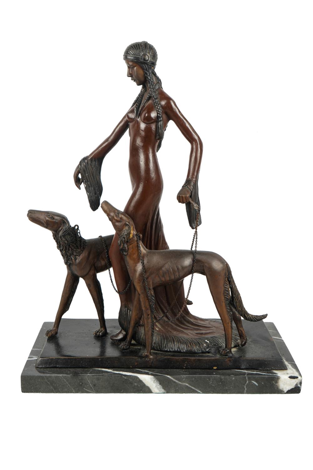 Appraisal: DECO BRONZE WOMAN WITH GREYHOUNDSset atop marble pedestal inches wide