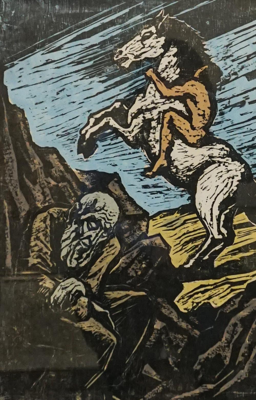 Appraisal: JACOB STEINHARDT ISRAELI - MAN ON REARING HORSE COLOR WOODBLOCK