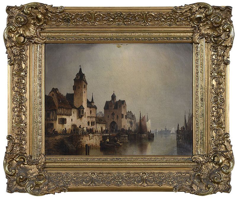 Appraisal: Ludwig Hermann German - Busy Bulkhead on a Canal signed