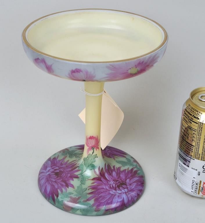 Appraisal: Handel Glass Compote with painted chrysanthemum flower decoration signed on