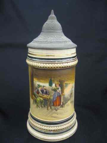 Appraisal: German Handpainted Pottery Stein tavern scene - '' tall liter