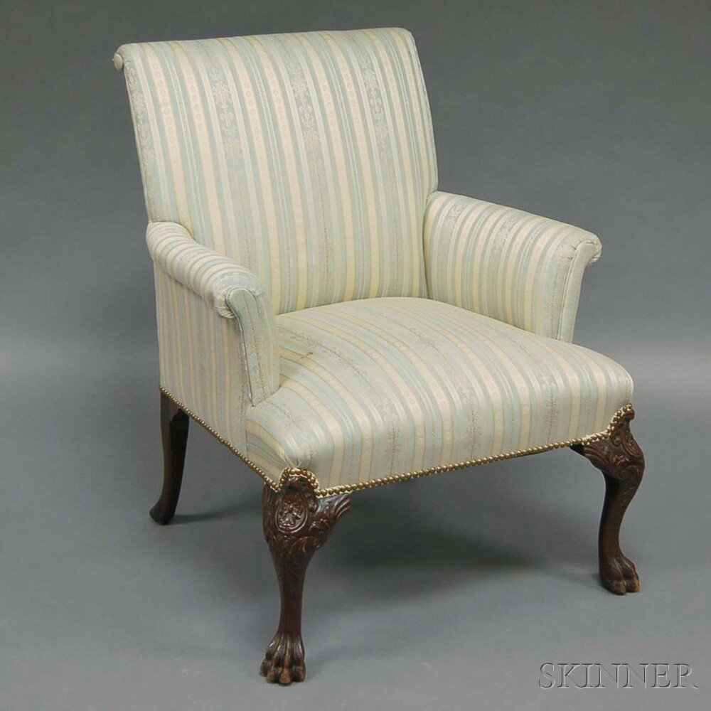 Appraisal: Chippendale-style Damask Upholstered Carved Mahogany Armchair Estimate - Some wear