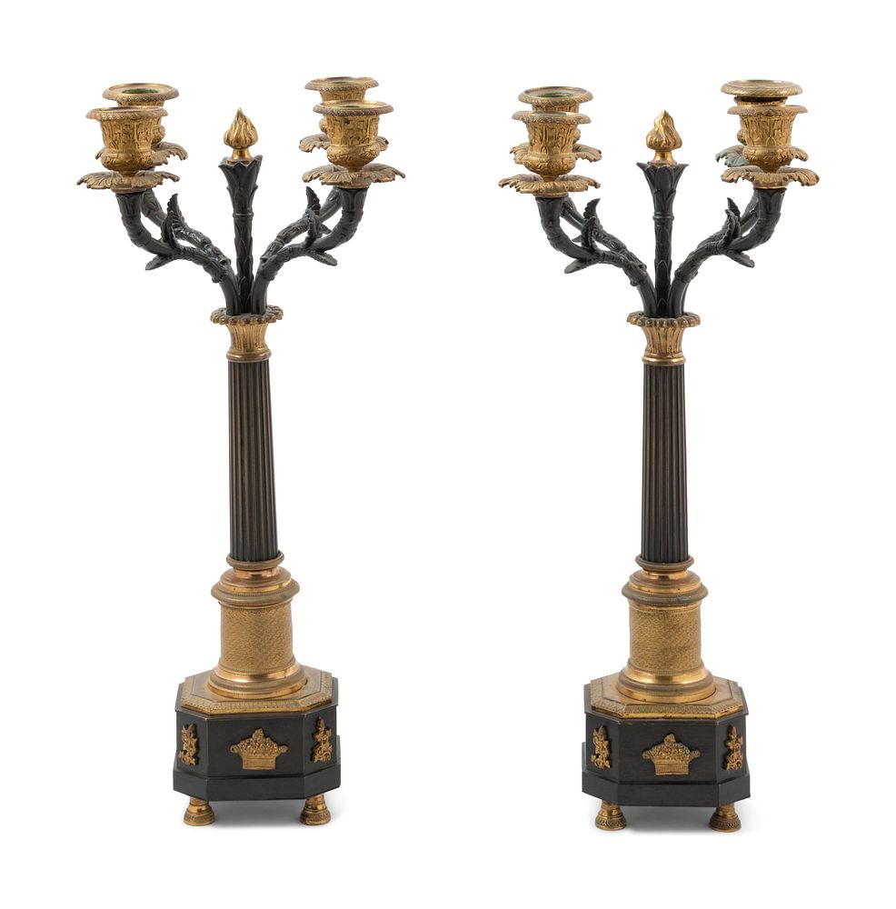 Appraisal: A Pair of Empire Gilt and Patinated Bronze Four-Light Candelabra