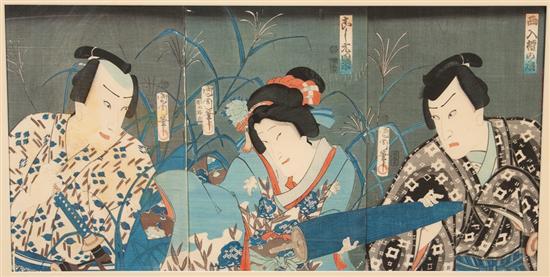 Appraisal: th century Japanese tryptych depicting three Kabuki actors color woodblock