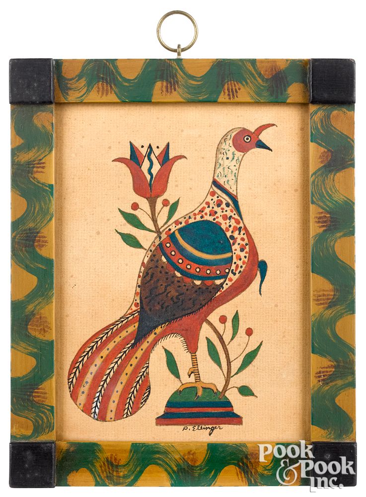 Appraisal: David Ellinger watercolor fraktur of a turkey David Ellinger American