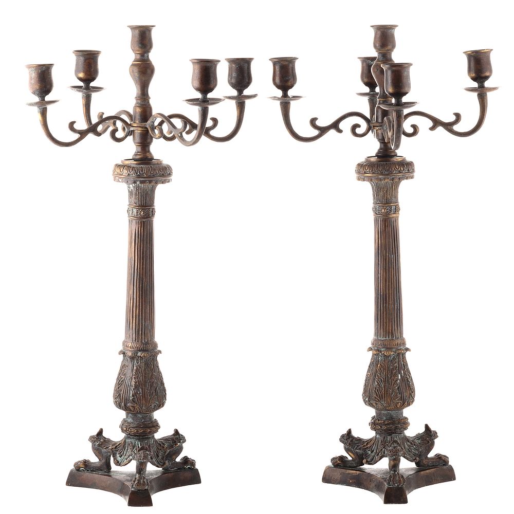 Appraisal: Pair French Empire Style Bronze Candelabra Classical style five light