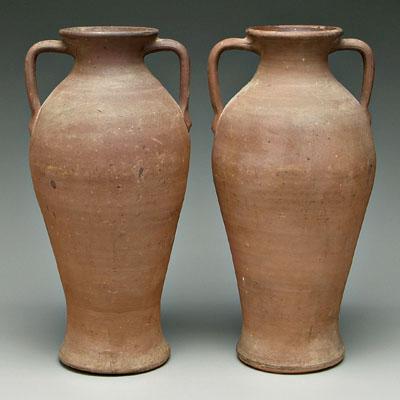 Appraisal: Pair stoneware two-handled urns Albany slip glaze interior unglazed exterior