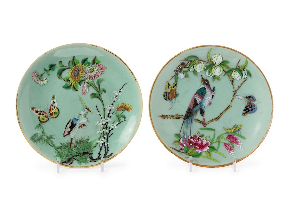 Appraisal: A Pair of Chinese Celadon Ground Famille Rose Porcelain Plates