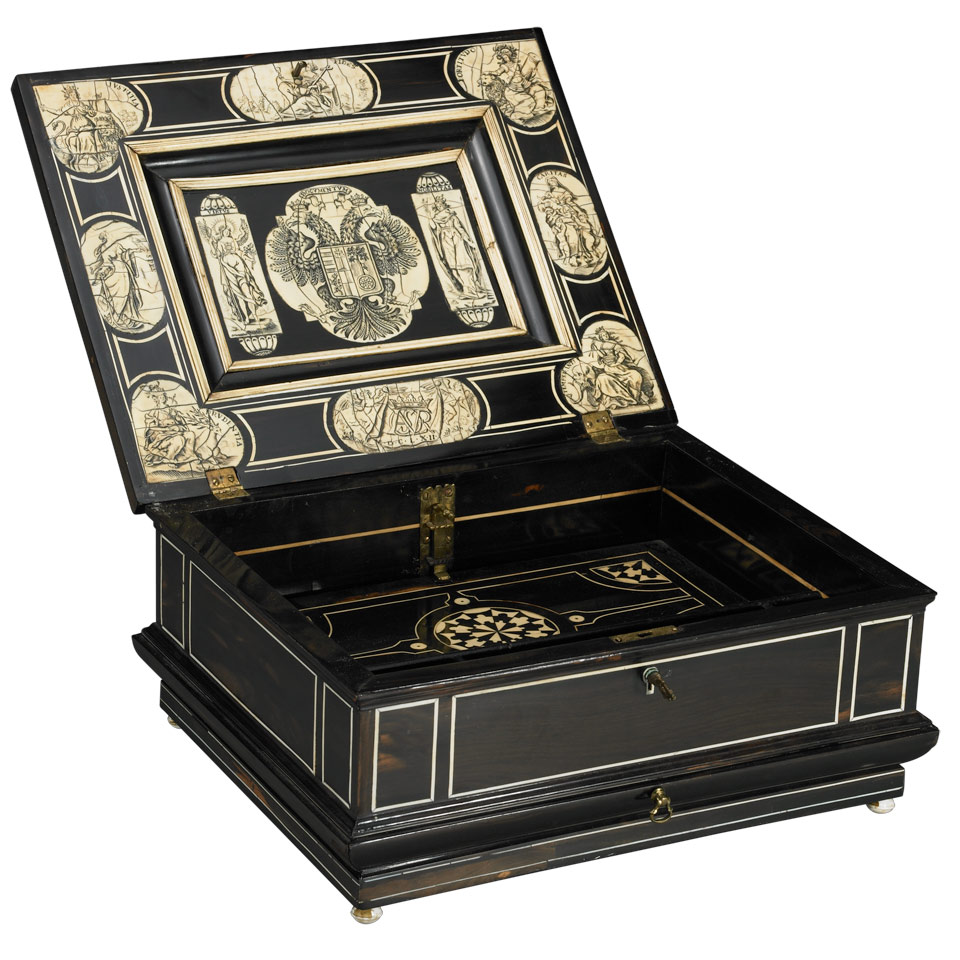 Appraisal: Austro-Hungarian Engraved Ivory Inlaid Coromandel Document Box th century opening