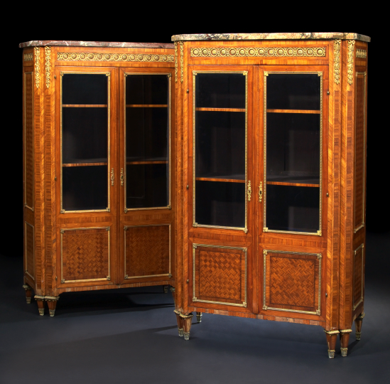 Appraisal: Pair of Louis XVI-Style Ormolu-Mounted Kingwood and Marble-Top Vitrines early