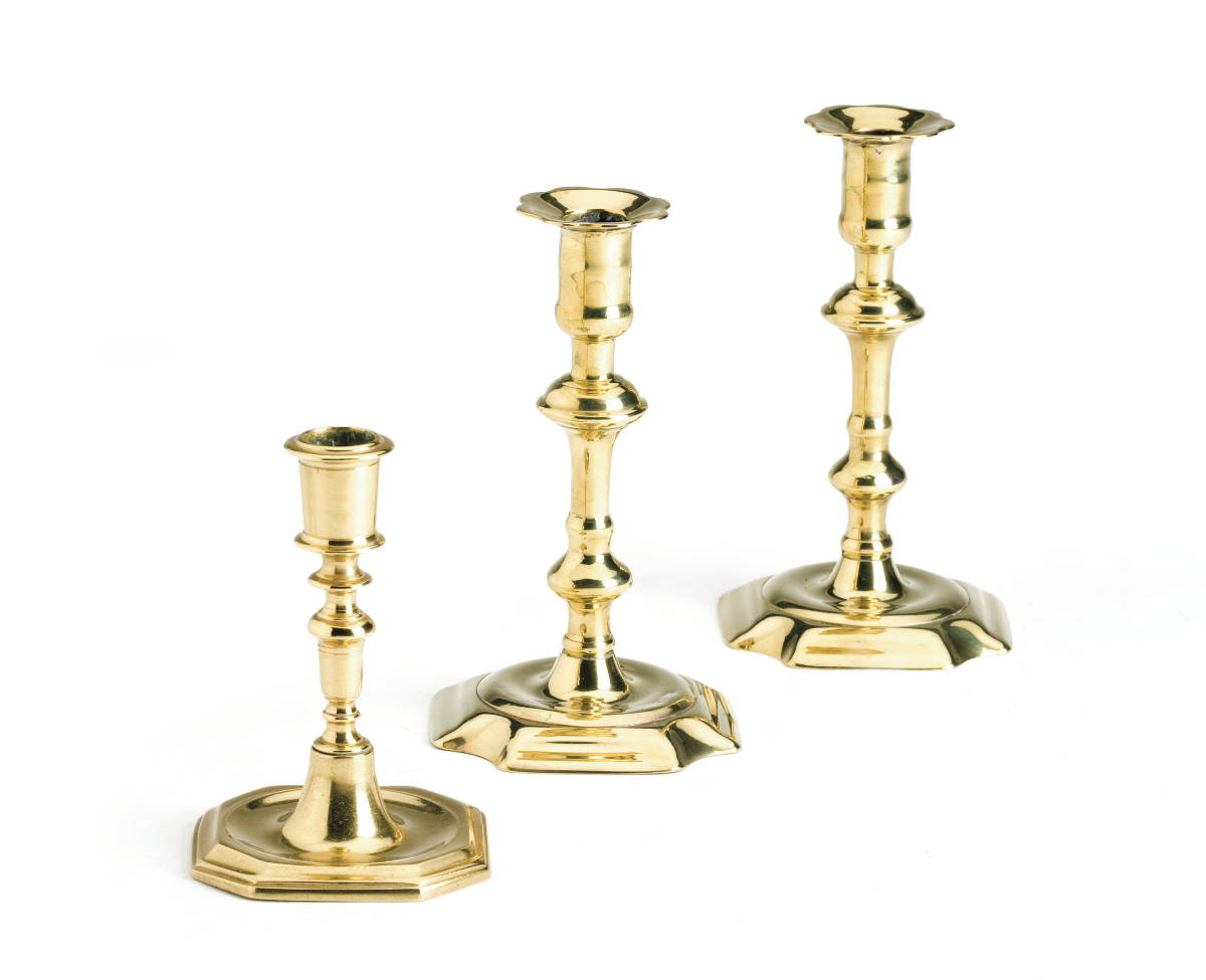 Appraisal: RARE PAIR OF ENGLISH BRASS CANDLESTICKS WITH CLIPPED CORNER BASES