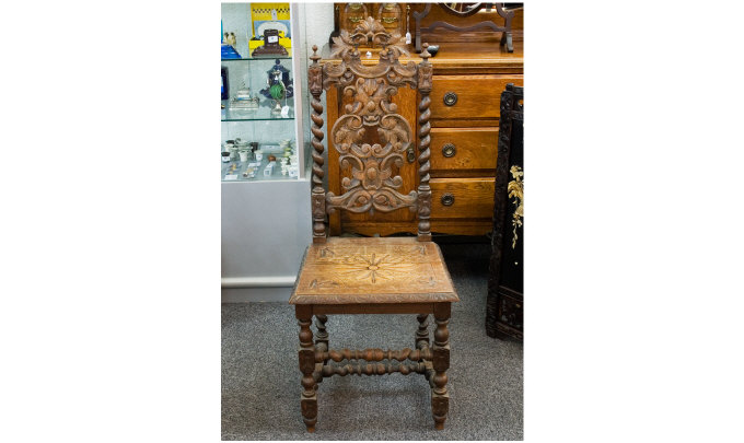 Appraisal: Oak Hall Chair Heavily Carved Backrest With Barley Twist Supports